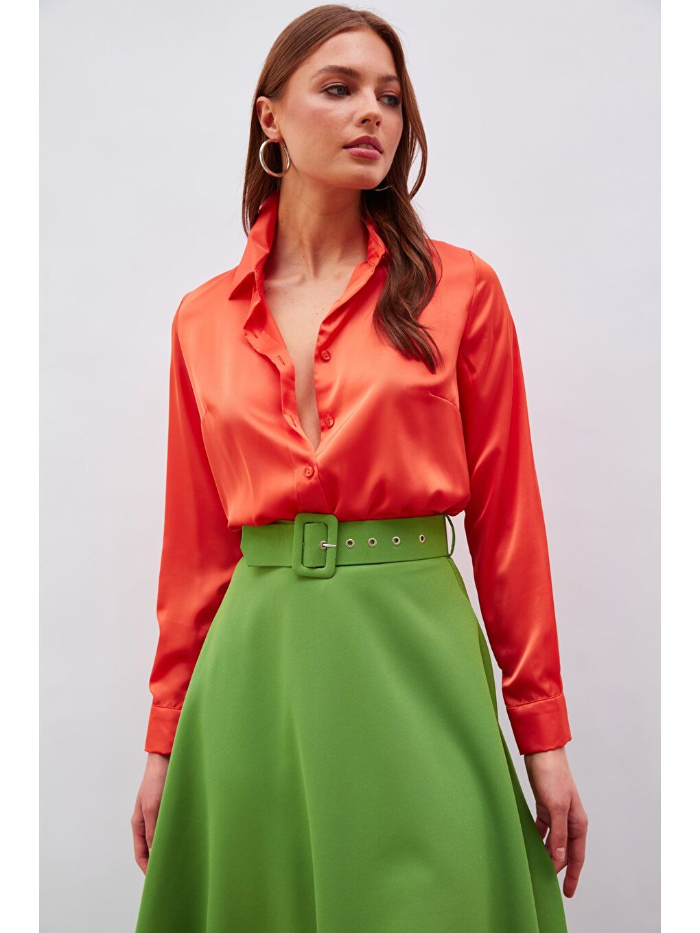 Turuncu Gömlek Yaka Saten Bodysuit Bluz - Oranj-3