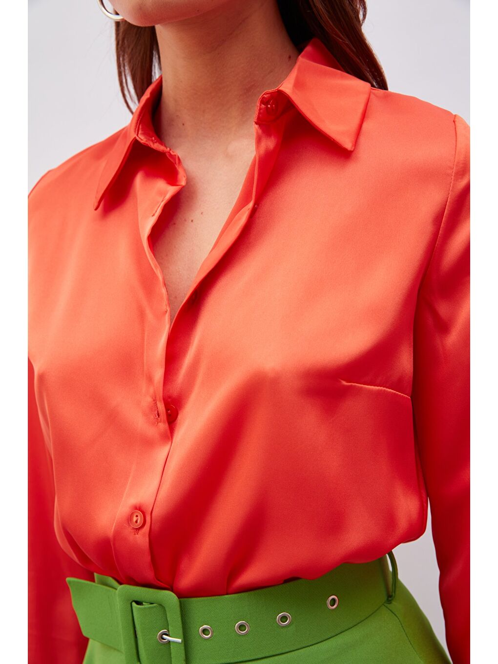 Turuncu Gömlek Yaka Saten Bodysuit Bluz - Oranj-4