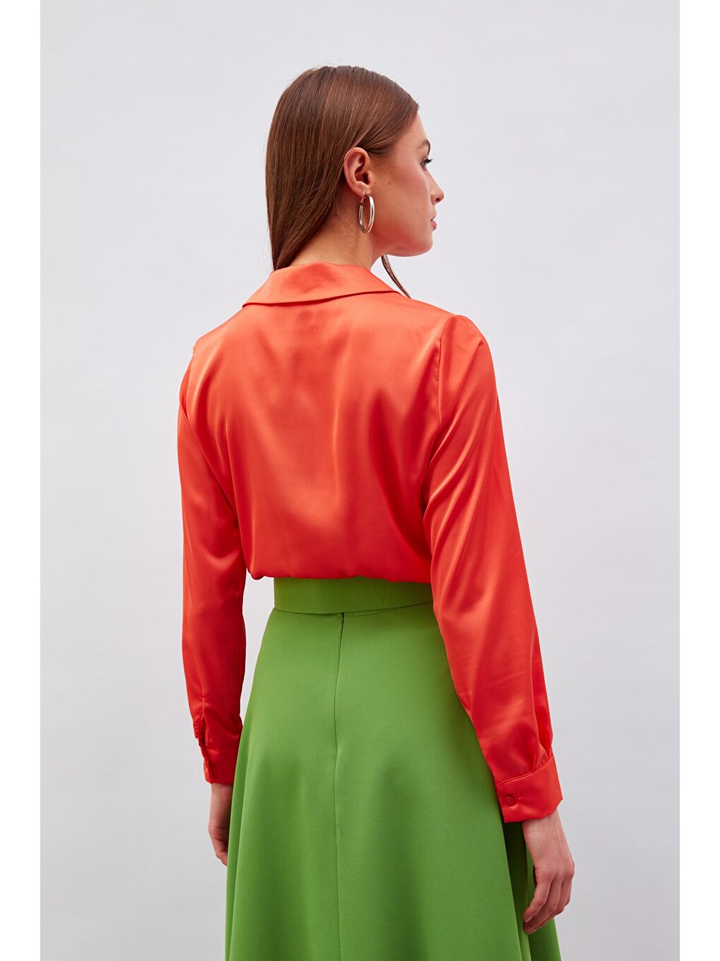 Turuncu Gömlek Yaka Saten Bodysuit Bluz - Oranj-5