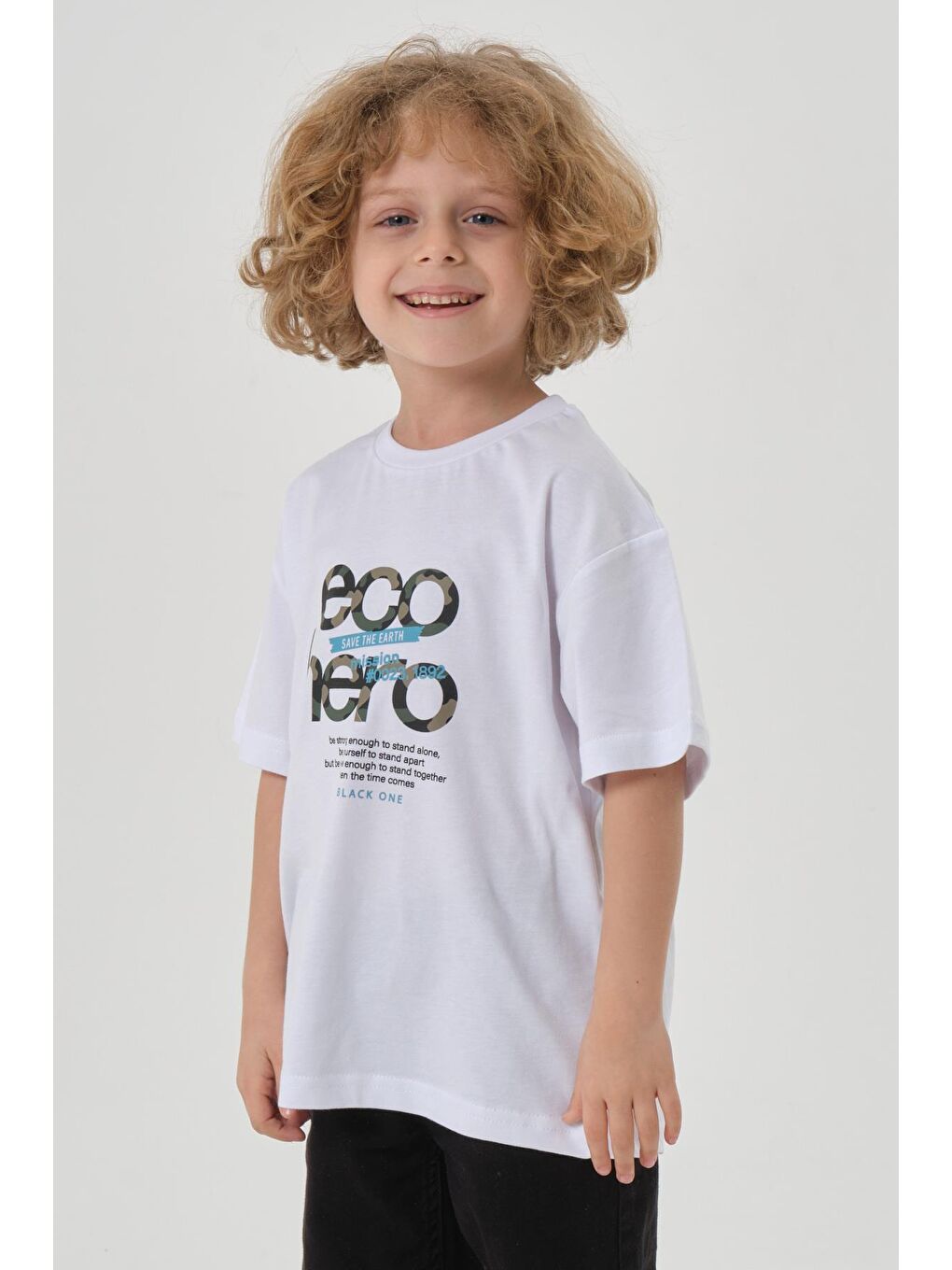 Beyaz Bisiklet Yaka Baskılı Erkek Çocuk T-shırt-2