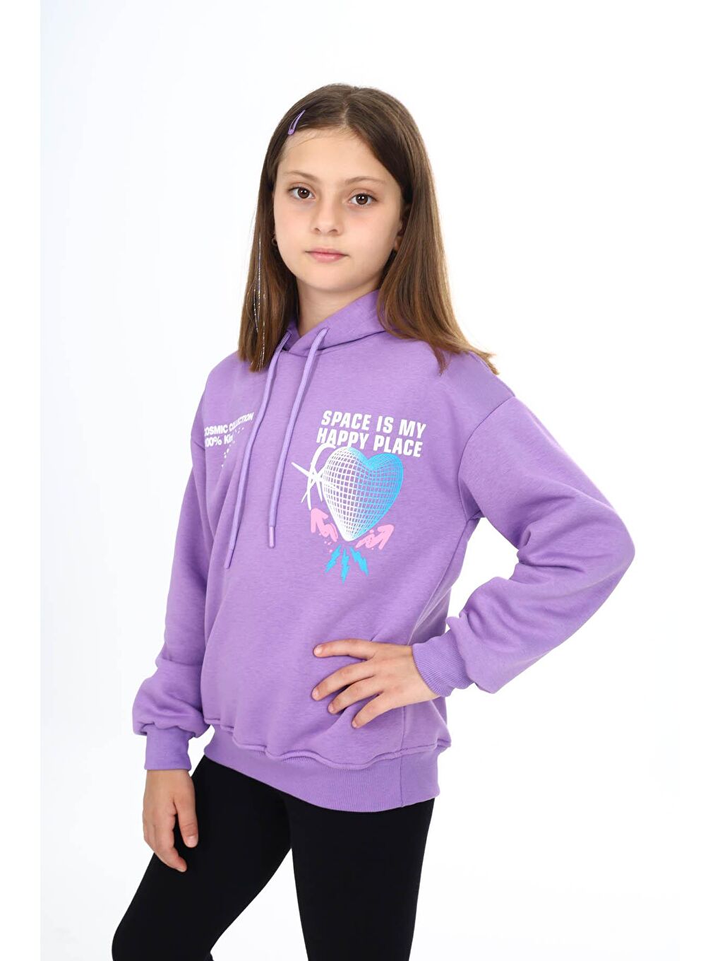 Lila Sırtı Kalp Baskılı Kız Çocuk Polarlı Kapüşonlu Sweatshirt 16498