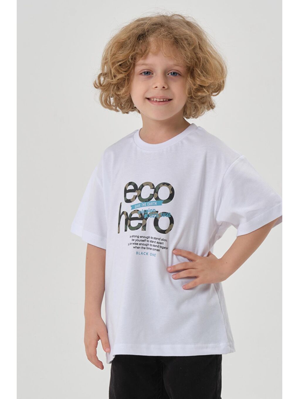 Beyaz Bisiklet Yaka Baskılı Erkek Çocuk T-shırt-4