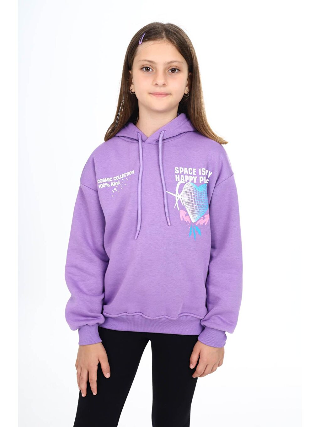 Lila Sırtı Kalp Baskılı Kız Çocuk Polarlı Kapüşonlu Sweatshirt 16498-1