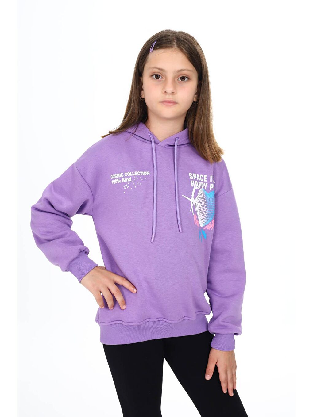 Lila Sırtı Kalp Baskılı Kız Çocuk Polarlı Kapüşonlu Sweatshirt 16498-2