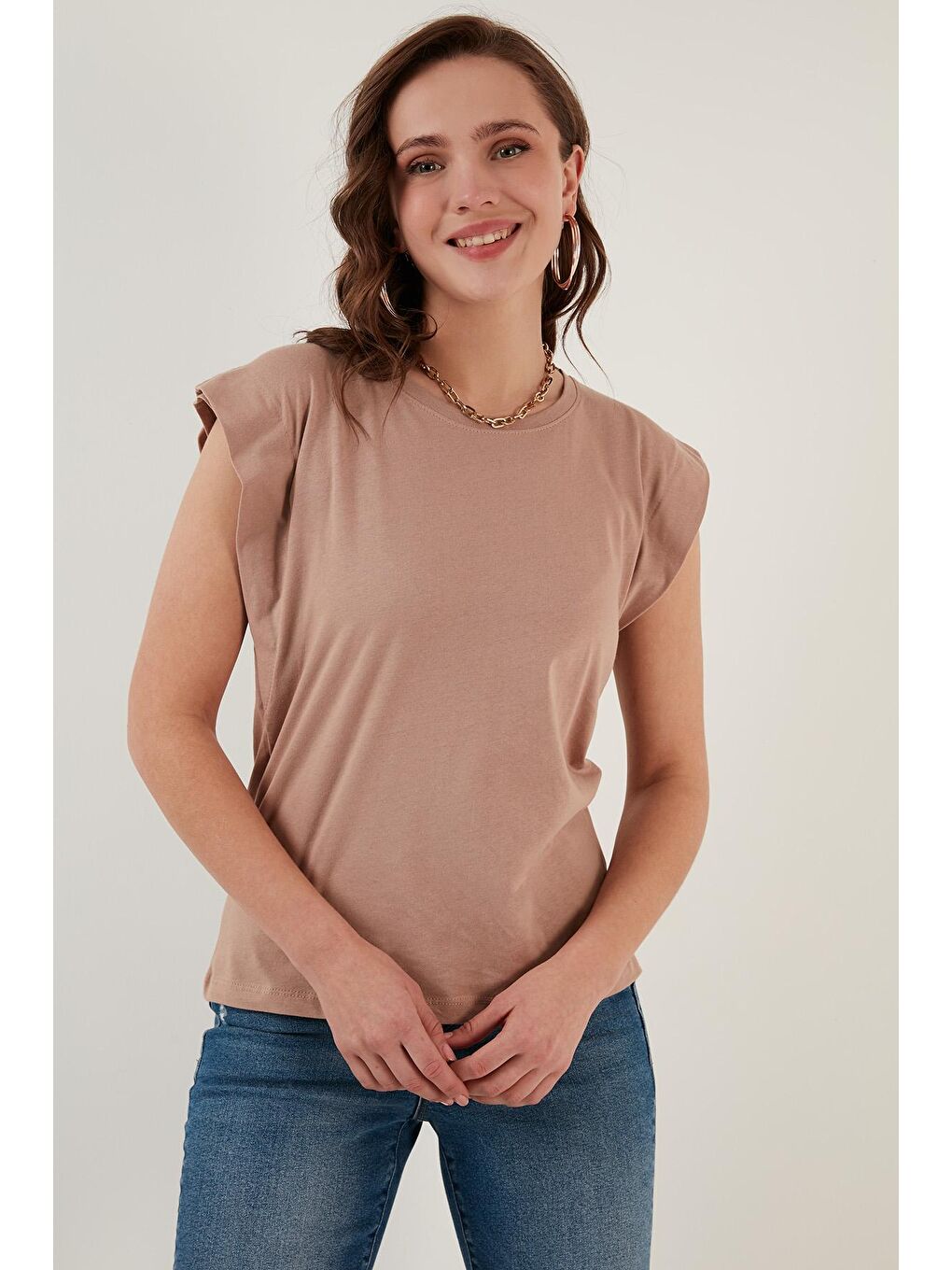 Kahverengi % 100 Pamuklu Bisiklet Yaka Kolsuz Tişört-3