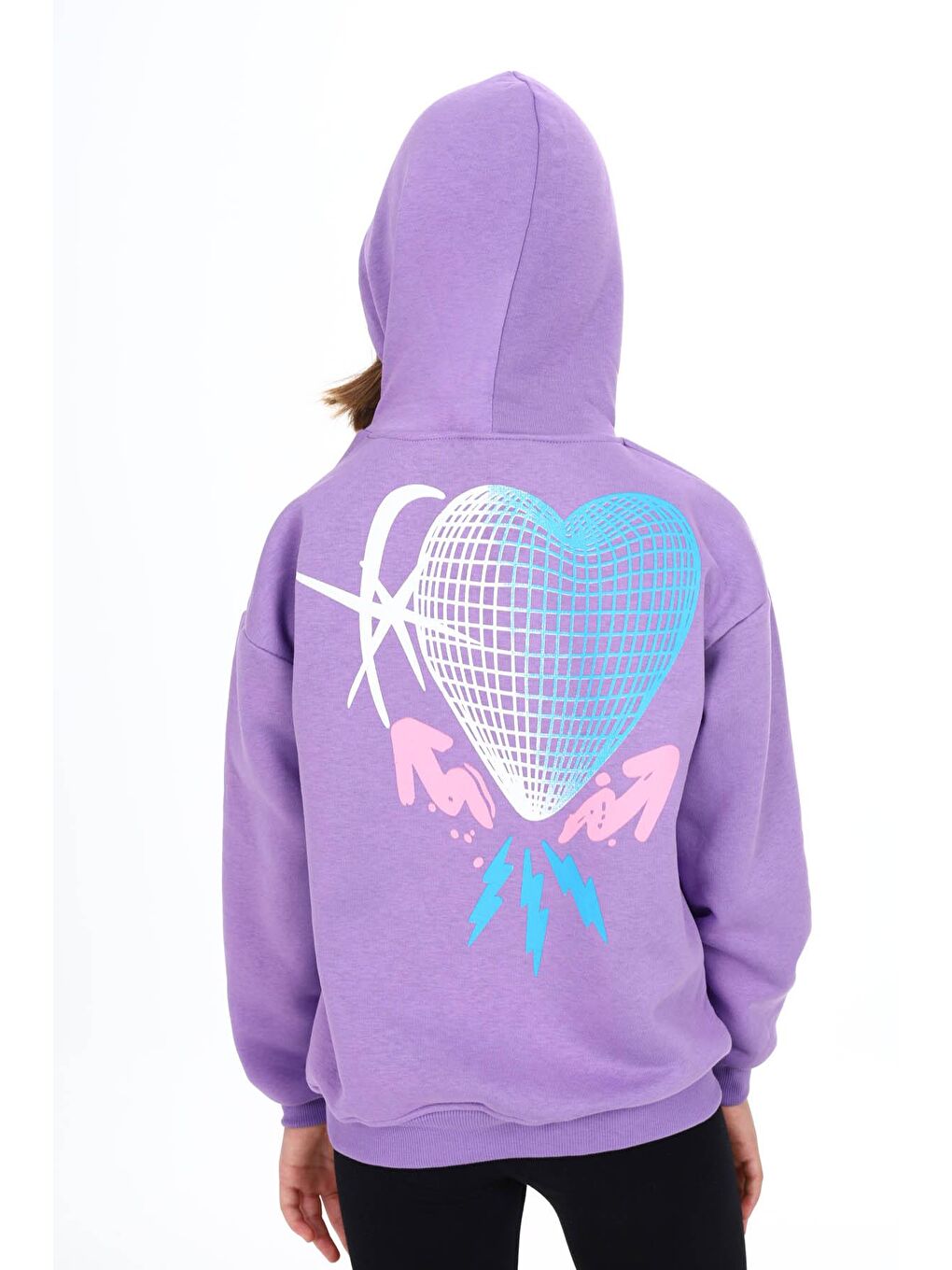 Lila Sırtı Kalp Baskılı Kız Çocuk Polarlı Kapüşonlu Sweatshirt 16498-3