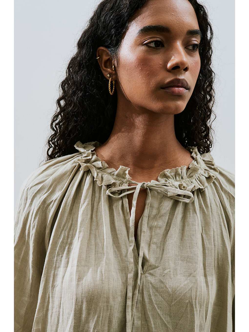 Yakası Büzgülü Keten Geniş Elbise Yeşil-1