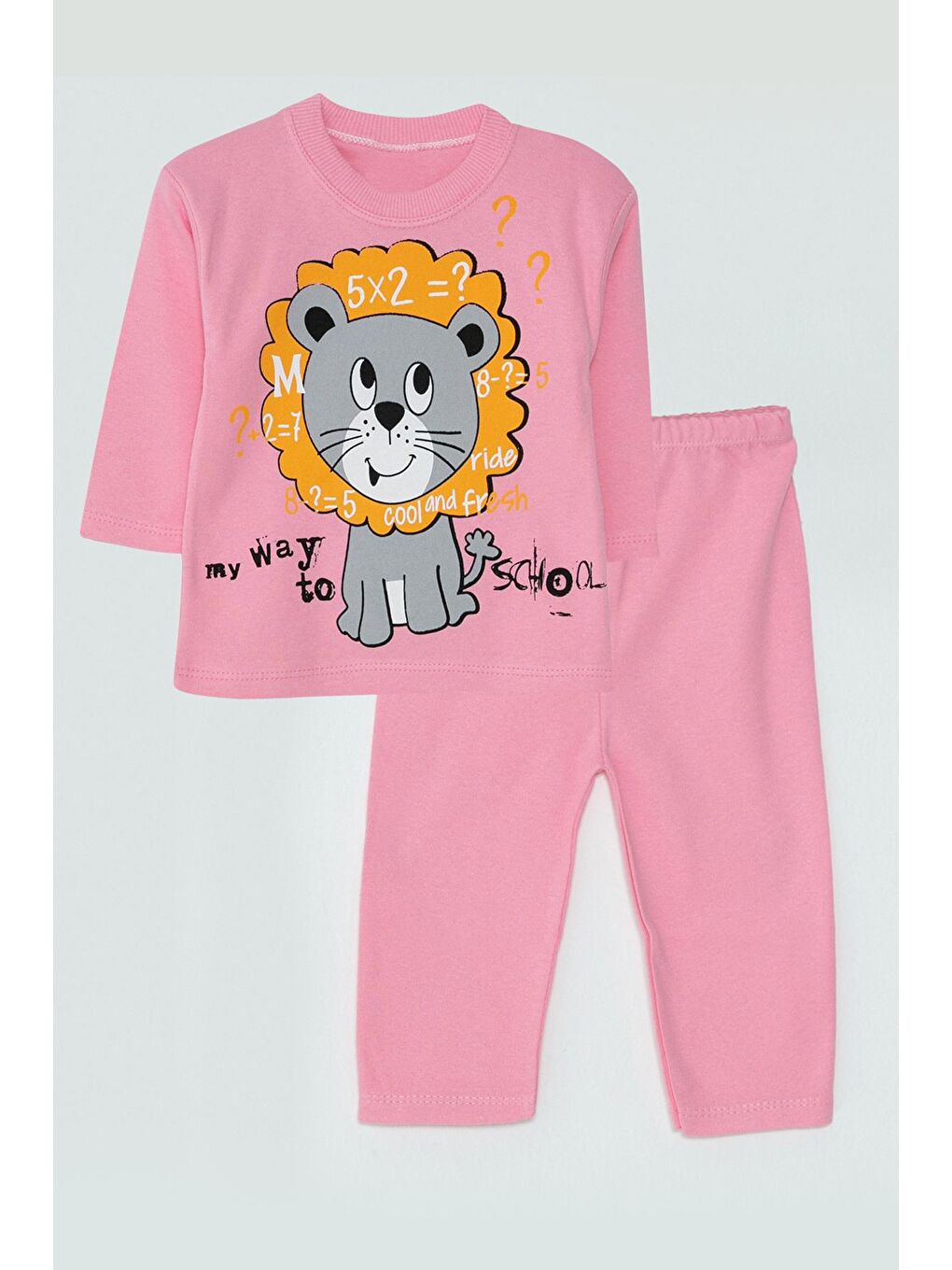 JackandRoy Gri-Pembe Aslan Baskılı Kız Bebek Pijama Takım