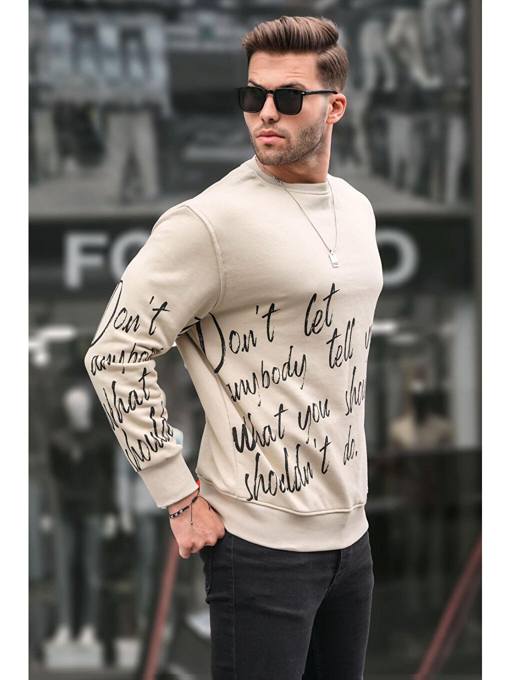 Madmext Bej Baskılı Bisiklet Yaka Sweatshirt 6156