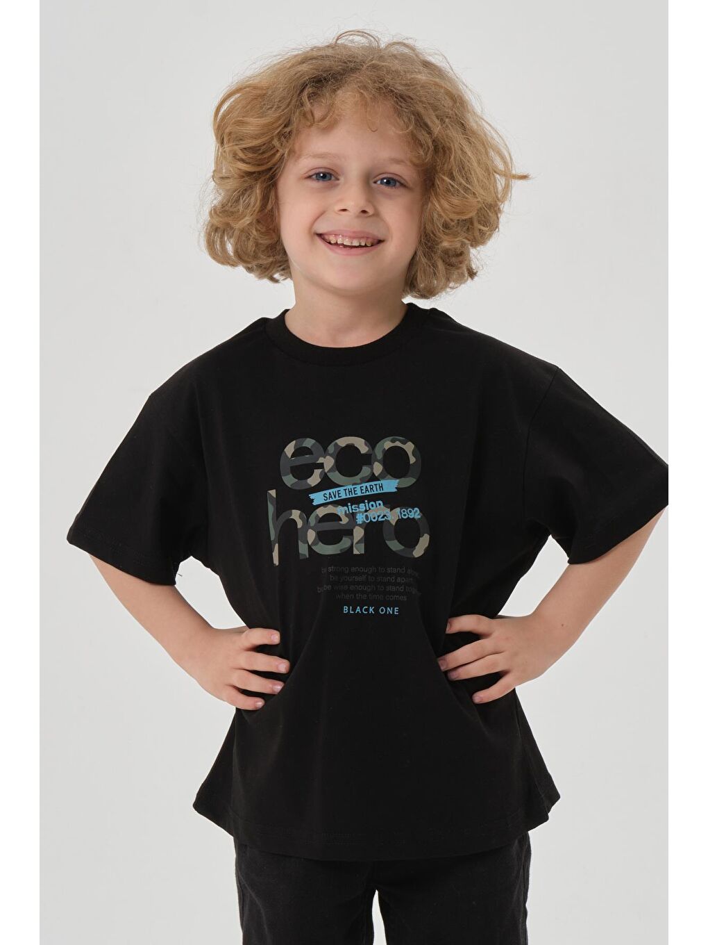Siyah Bisiklet Yaka Baskılı Erkek Çocuk T-shırt-1