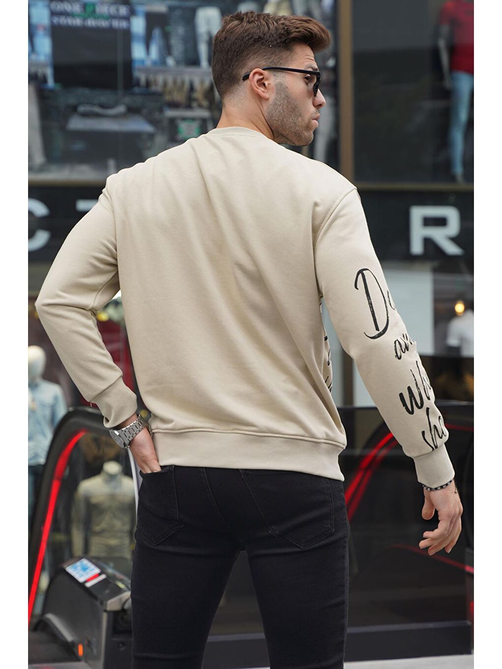 Madmext Bej Baskılı Bisiklet Yaka Sweatshirt 6156 - 1