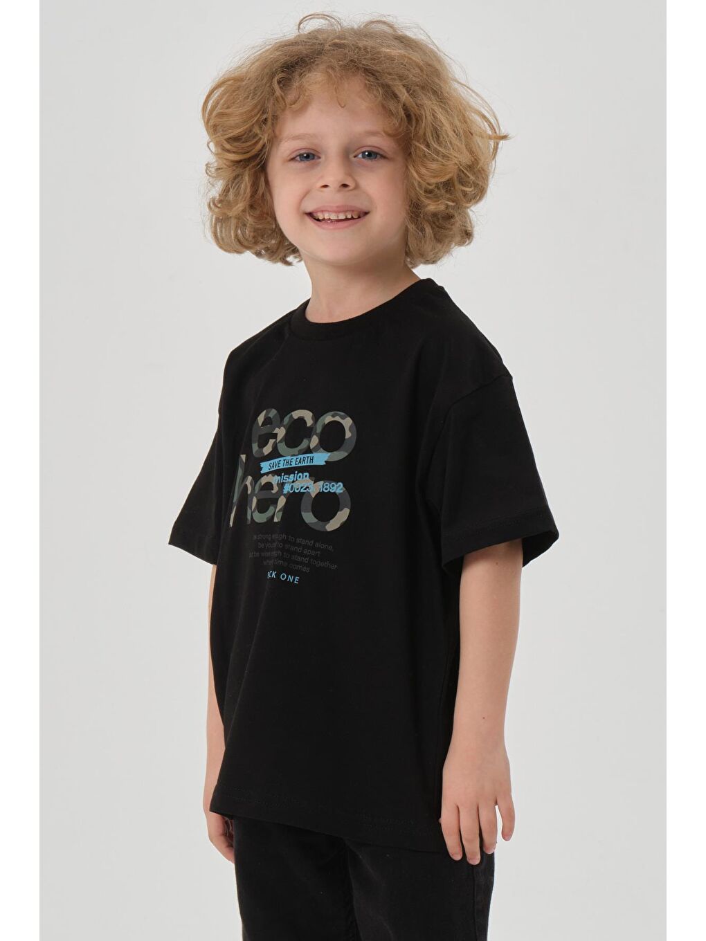 Siyah Bisiklet Yaka Baskılı Erkek Çocuk T-shırt-2