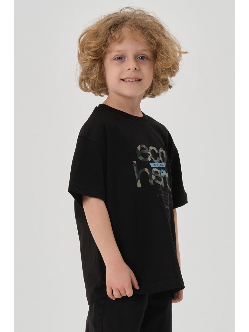 Siyah Bisiklet Yaka Baskılı Erkek Çocuk T-shırt-3