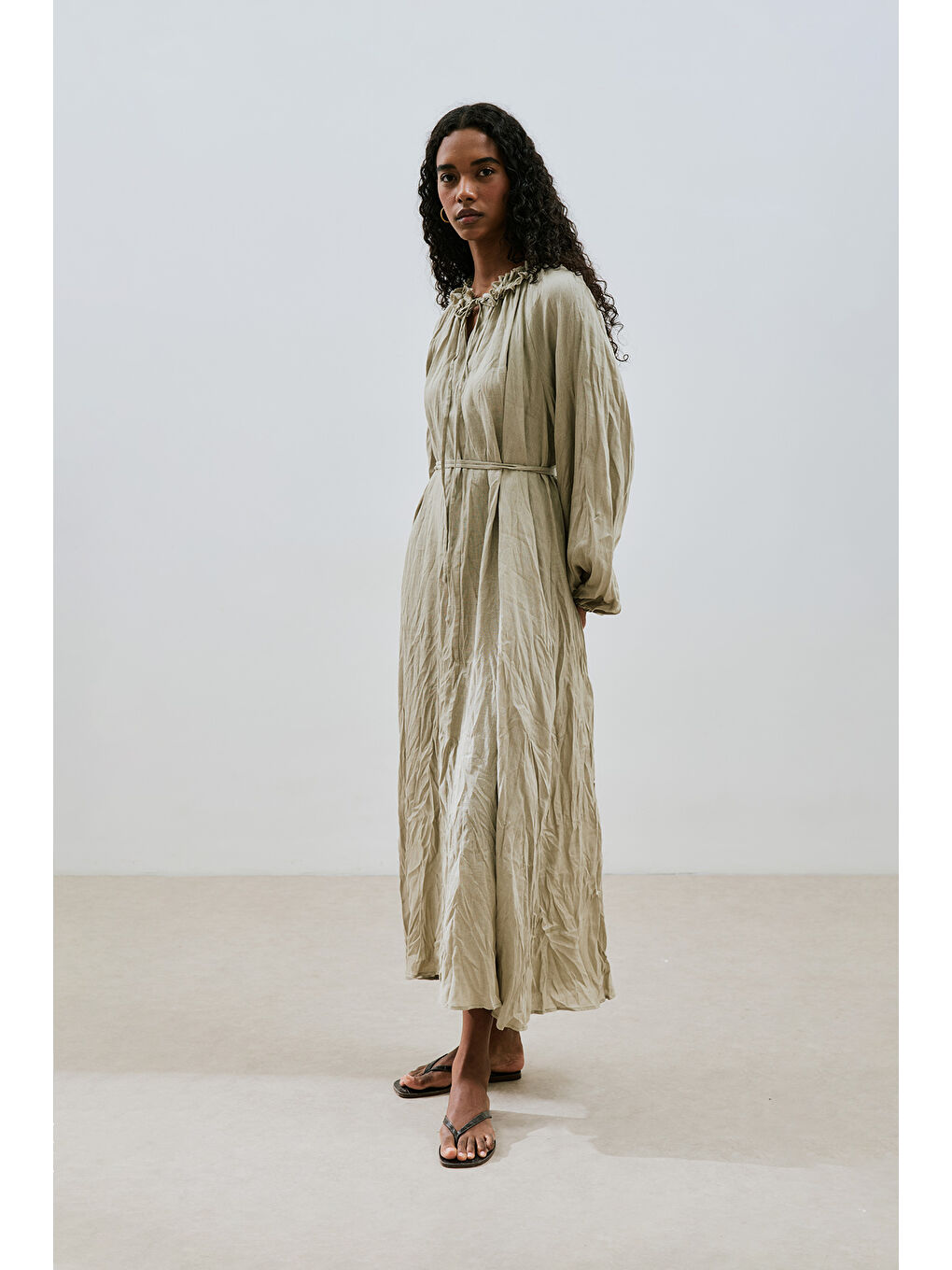 Yakası Büzgülü Keten Geniş Elbise Yeşil-2