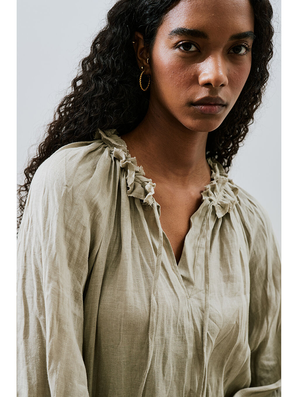 Yakası Büzgülü Keten Geniş Elbise Yeşil-5