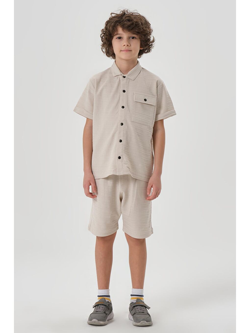 Bej Çizgili Petek Kumaş Gömlek Düğme Detaylı Erkek Çocuk Alt Üst Takım-3