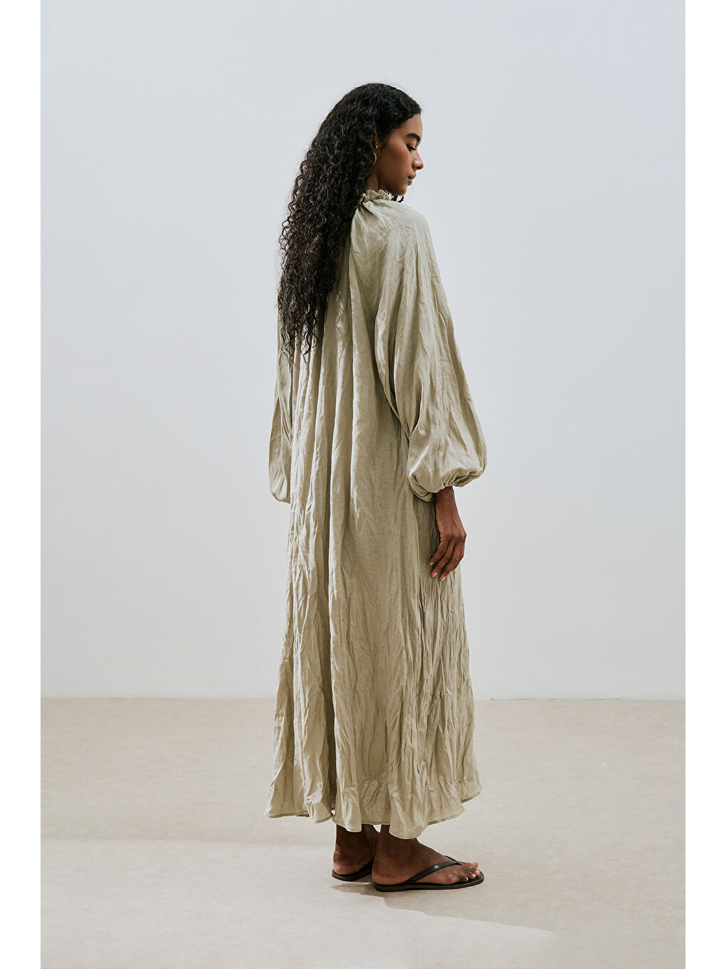 Yakası Büzgülü Keten Geniş Elbise Yeşil-6