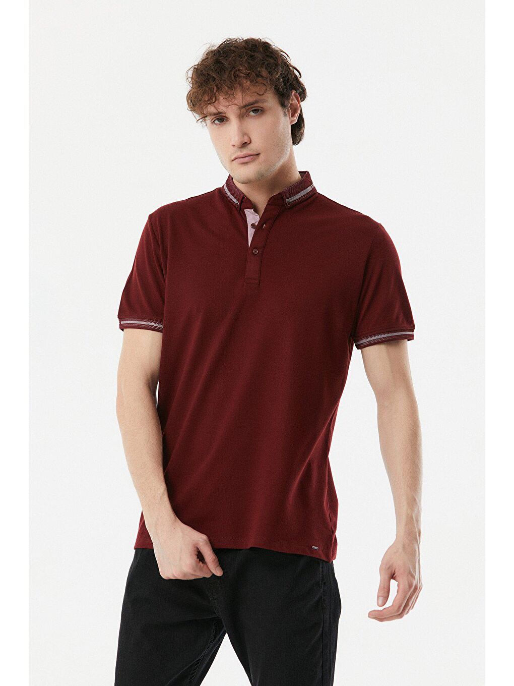 Bordo Yakası Desenli Polo Yaka Slim Fit Tişört
