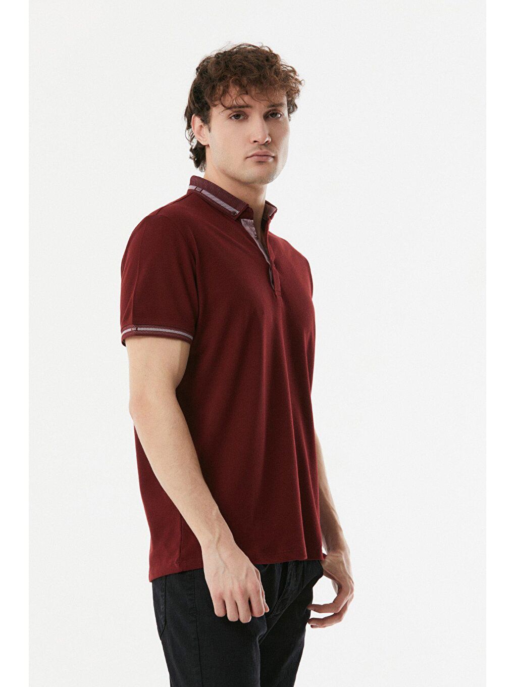 Bordo Yakası Desenli Polo Yaka Slim Fit Tişört-2