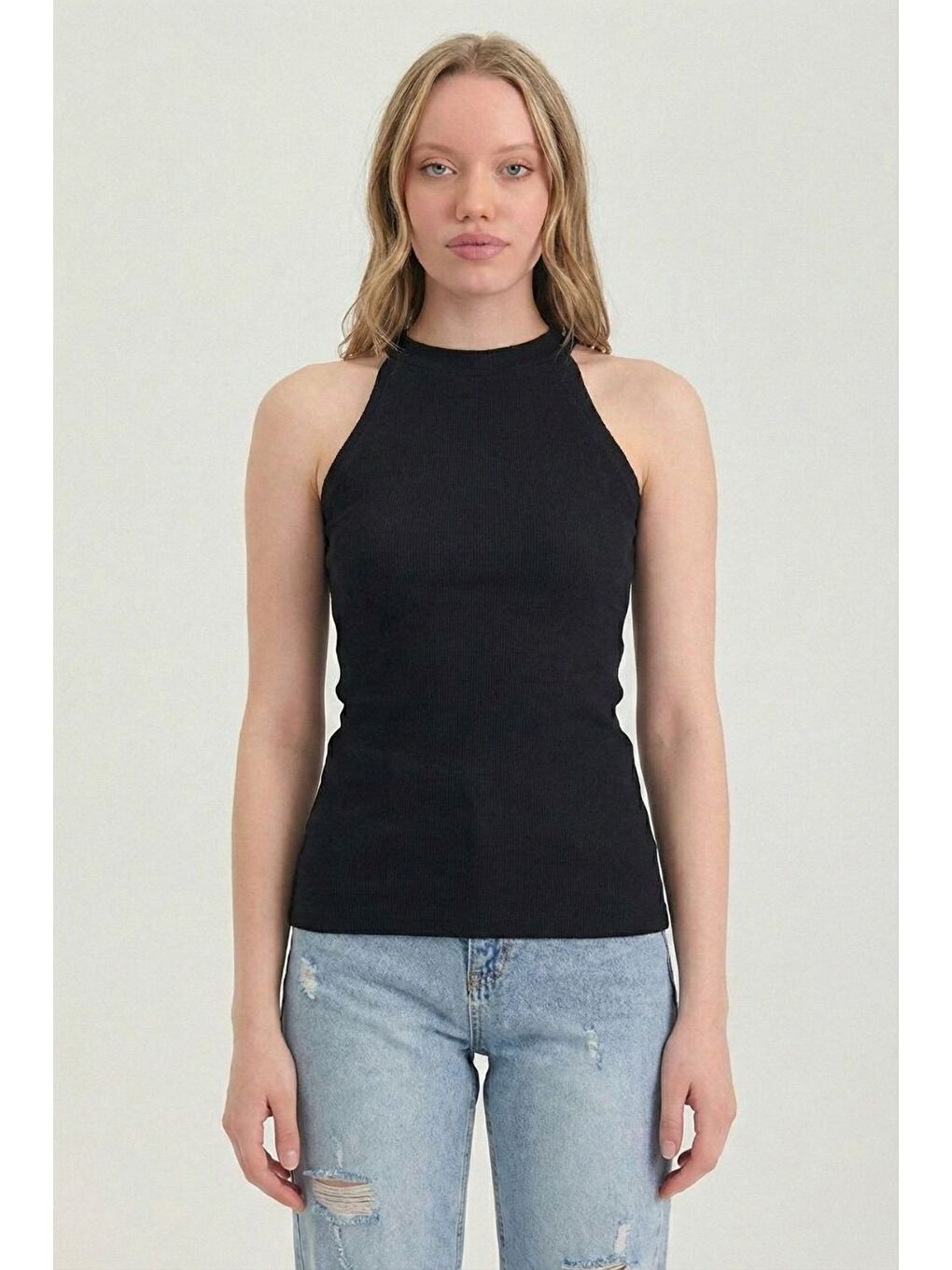 Kadın Halter Yaka Siyah Fitilli T-Shirt-2