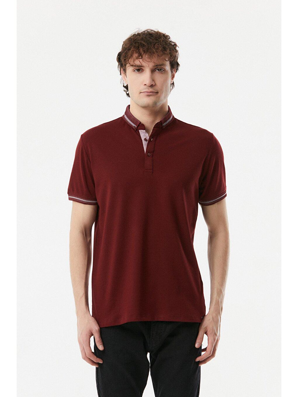Bordo Yakası Desenli Polo Yaka Slim Fit Tişört-4