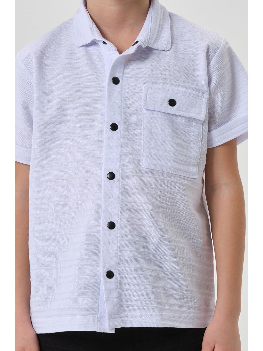 Beyaz Çizgili Petek Kumaş Gömlek Düğme Detaylı Erkek Çocuk Alt Üst Takım-2