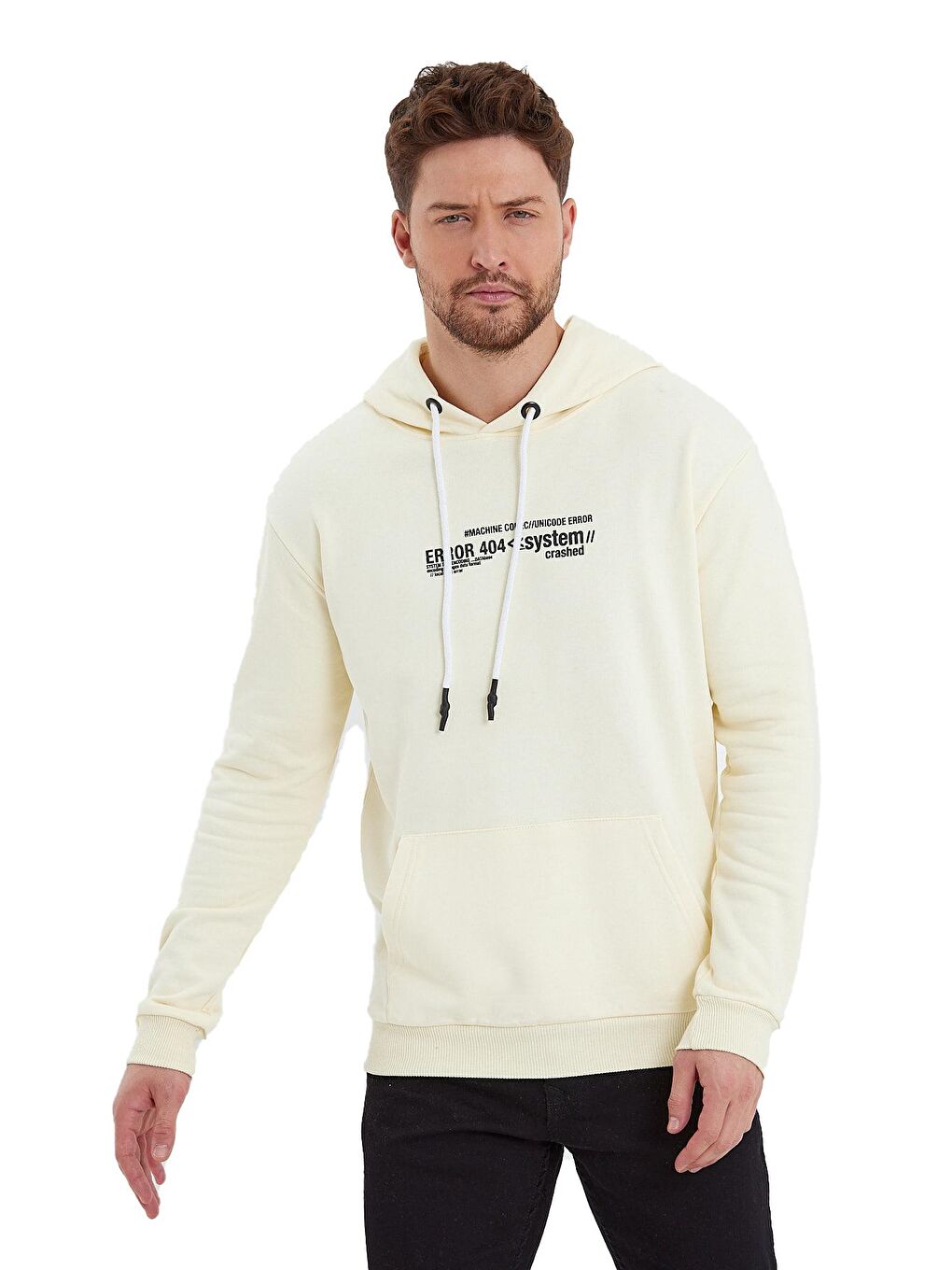 Ekru Kapüşonlu Erkek Hoodie