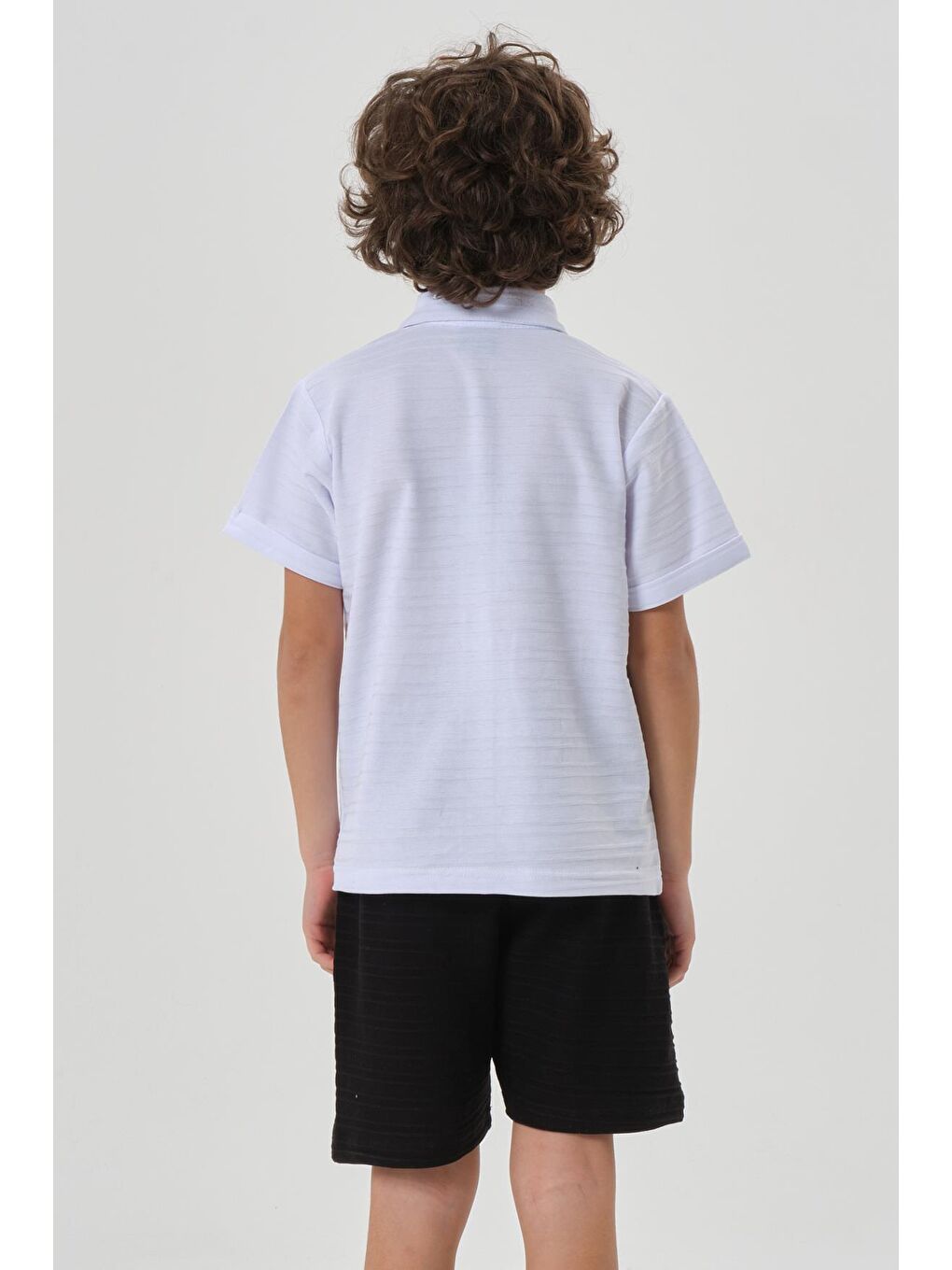 Beyaz Çizgili Petek Kumaş Gömlek Düğme Detaylı Erkek Çocuk Alt Üst Takım-4