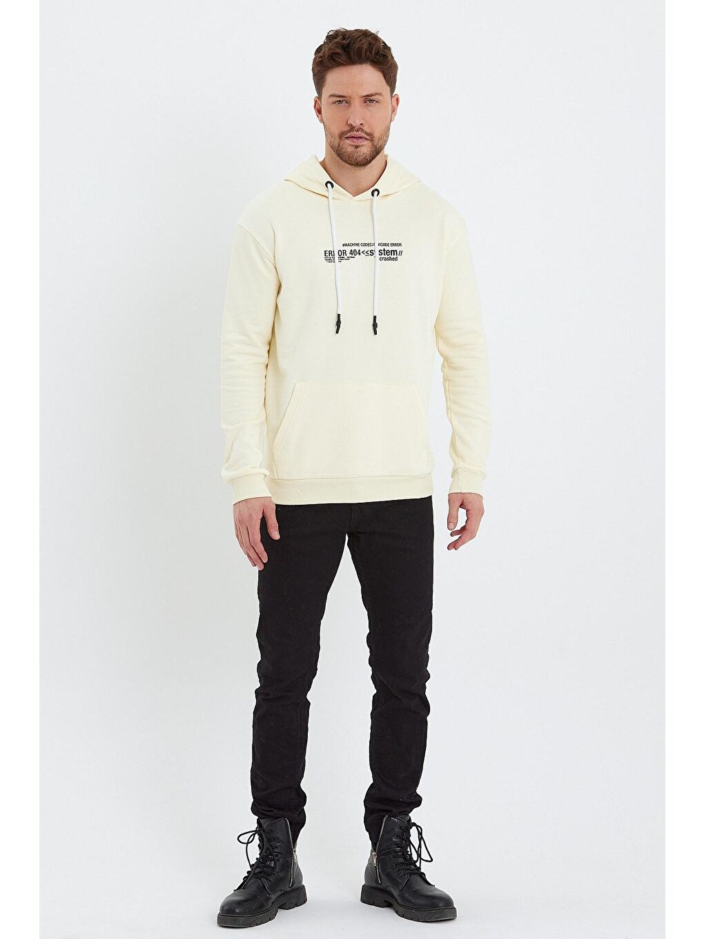 Ekru Kapüşonlu Erkek Hoodie-1