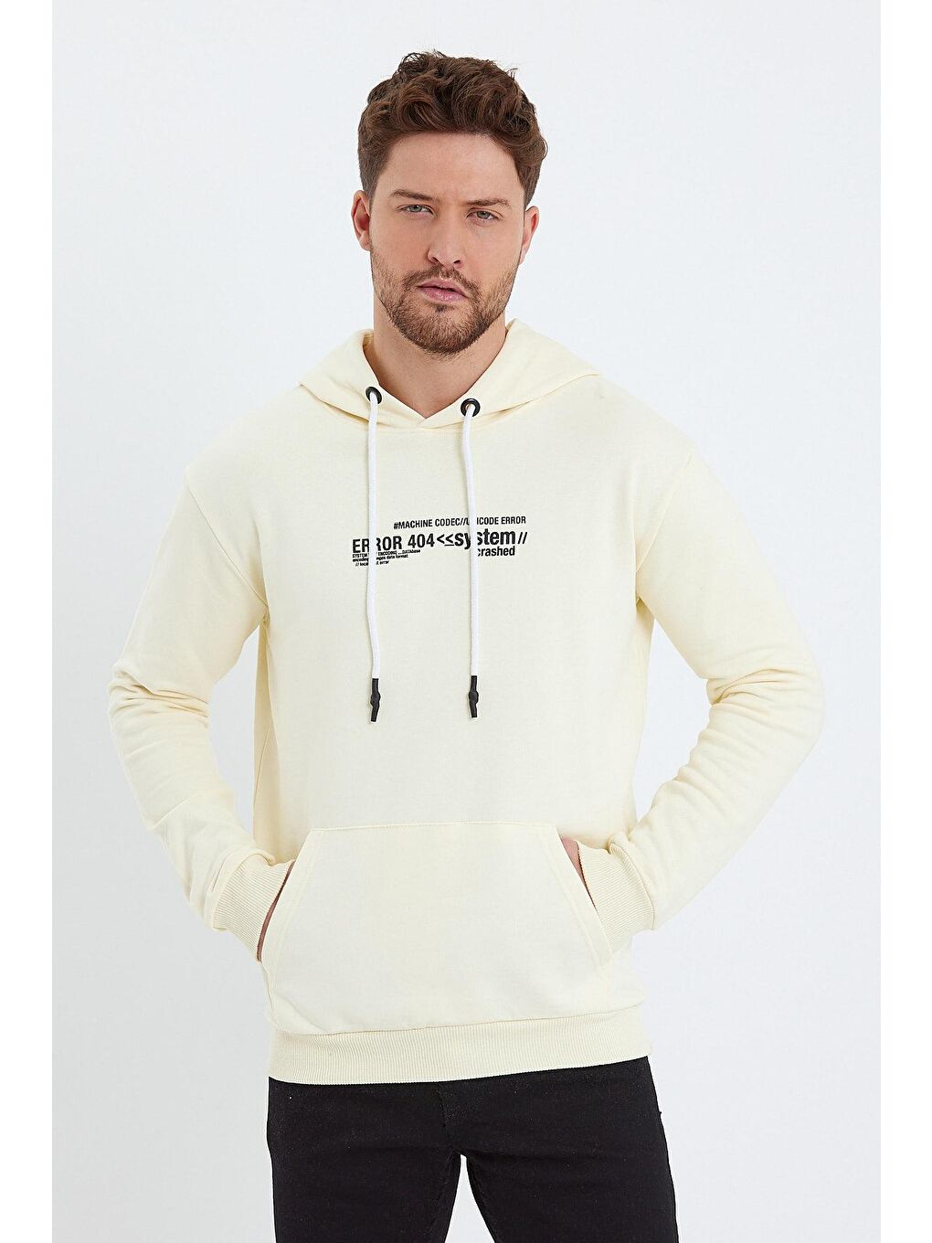 Ekru Kapüşonlu Erkek Hoodie-2