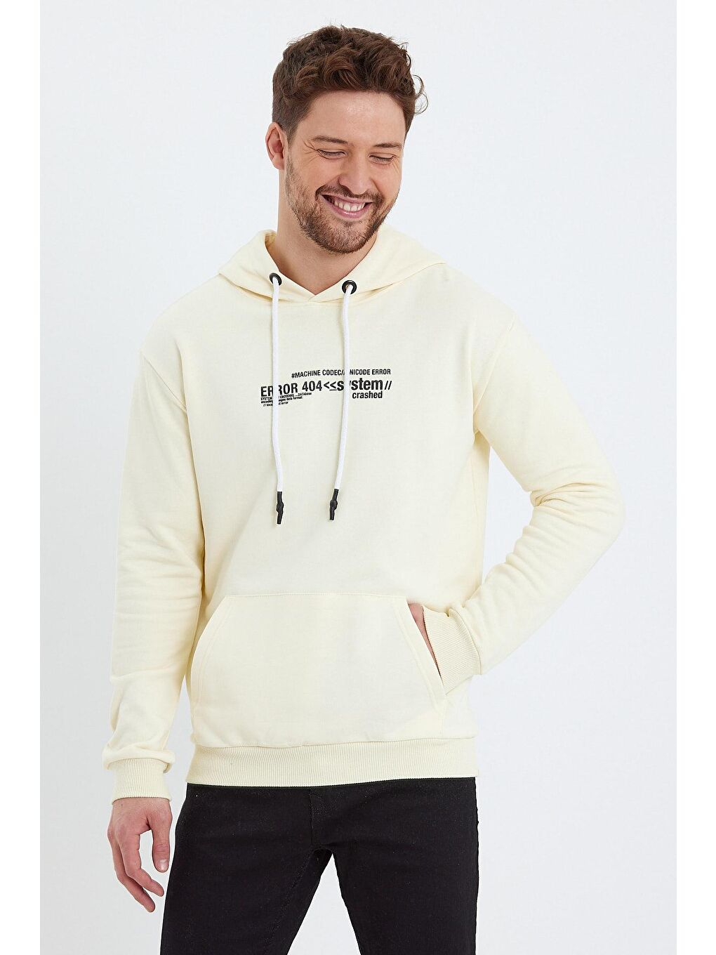 Ekru Kapüşonlu Erkek Hoodie-3