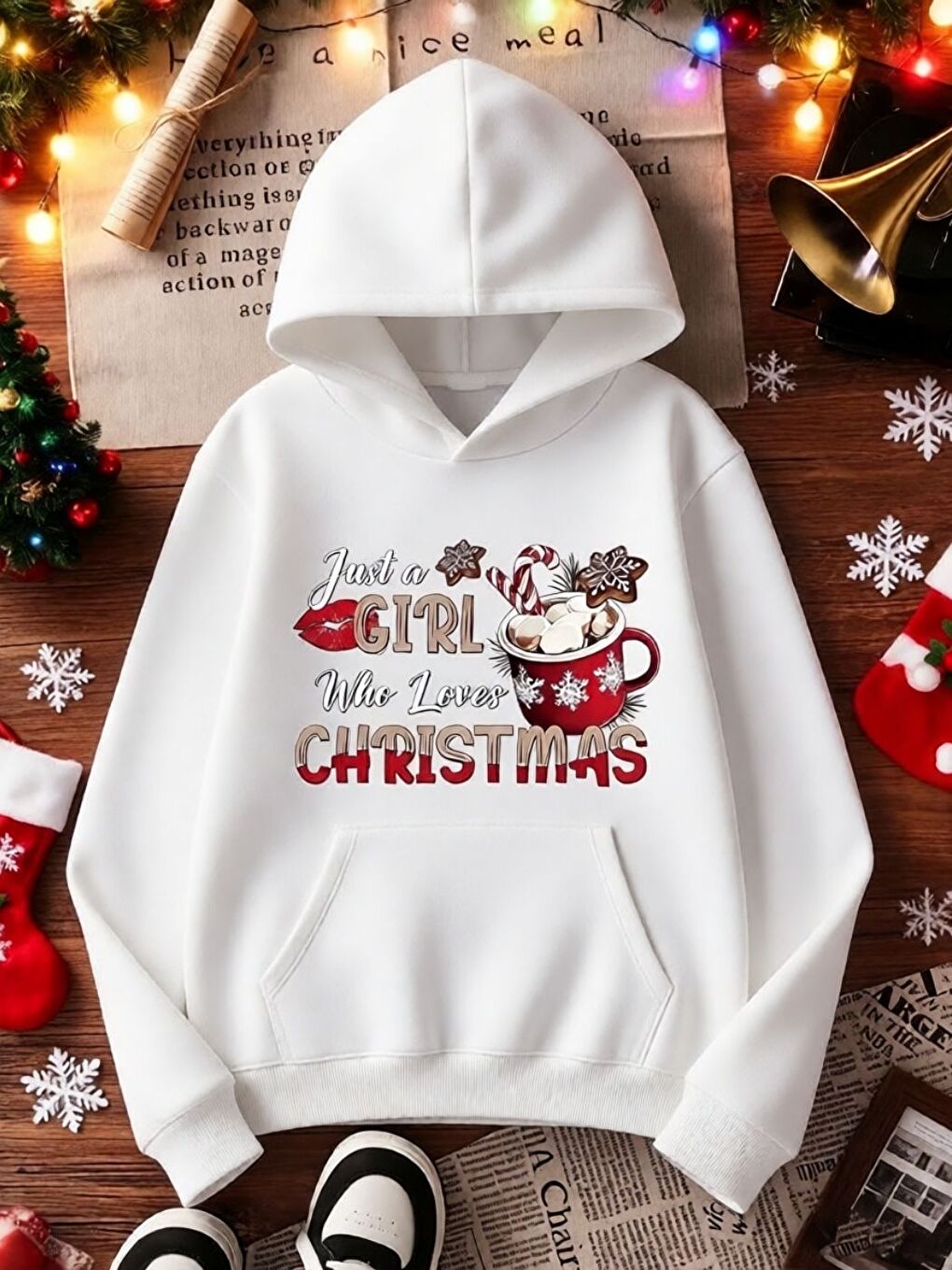 Beyaz Christmas Baskılı Oversize Kapüşonlu Sweatshirt Uzun Kollu Yılbaşı Temalı Hoodie