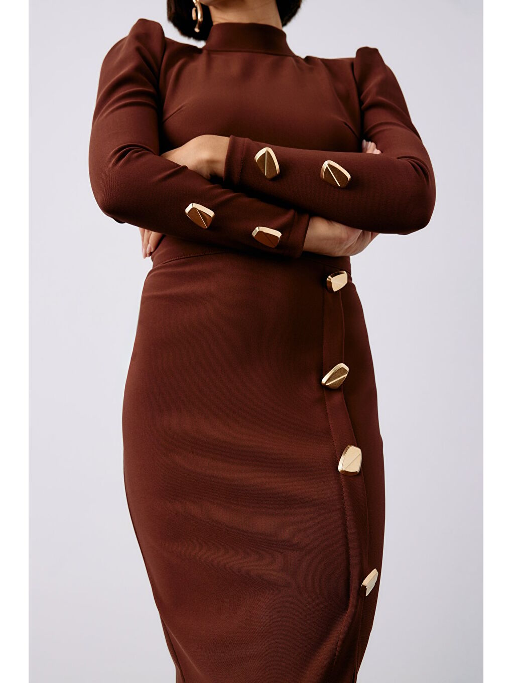 Kahverengi Düğme Detaylı Crop Bluz - Kahve-2