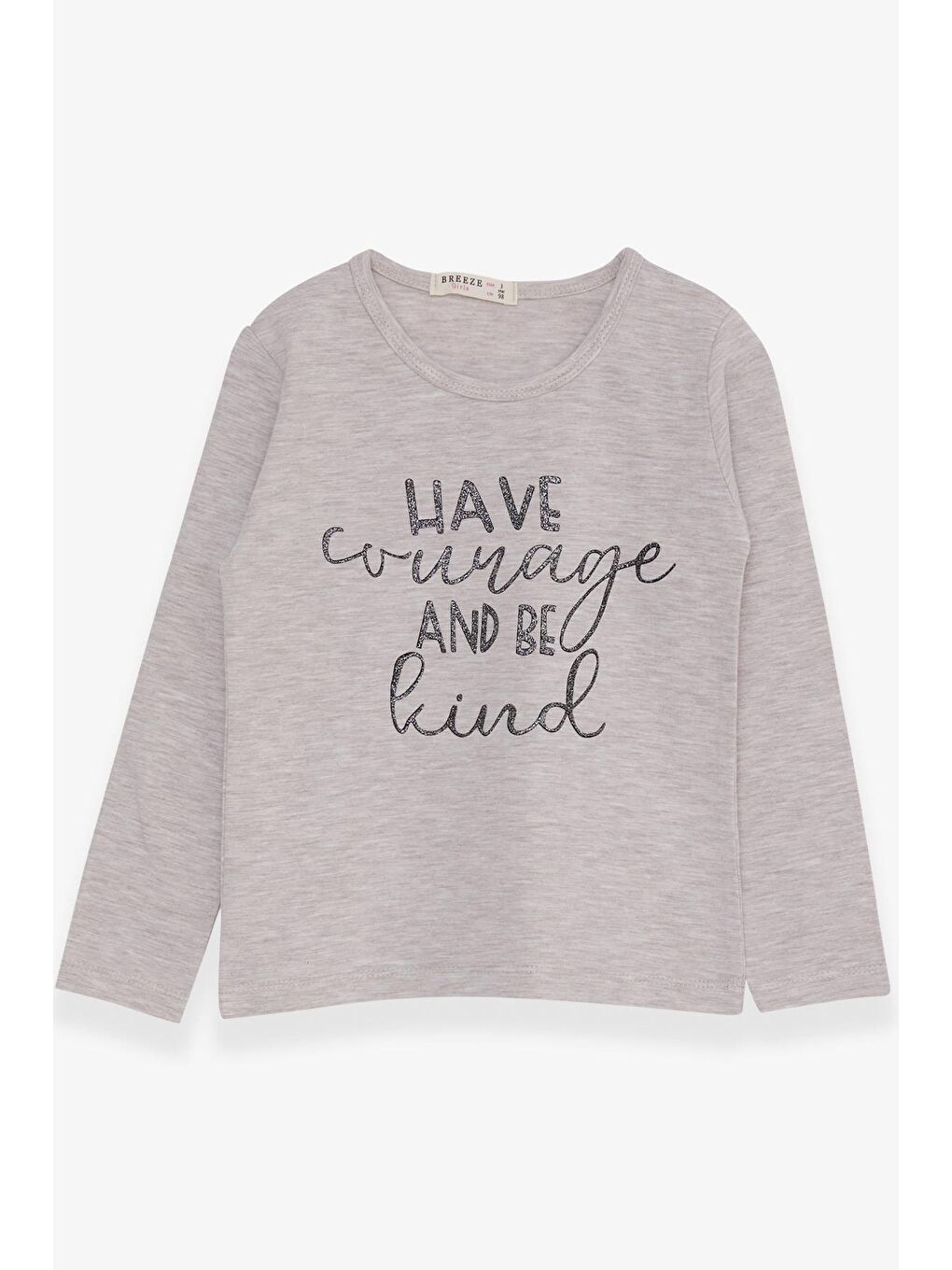 Kız Çocuk Uzun Kollu Tişört Simli Yazı Baskılı Bej Melanj (3-7 Yaş)