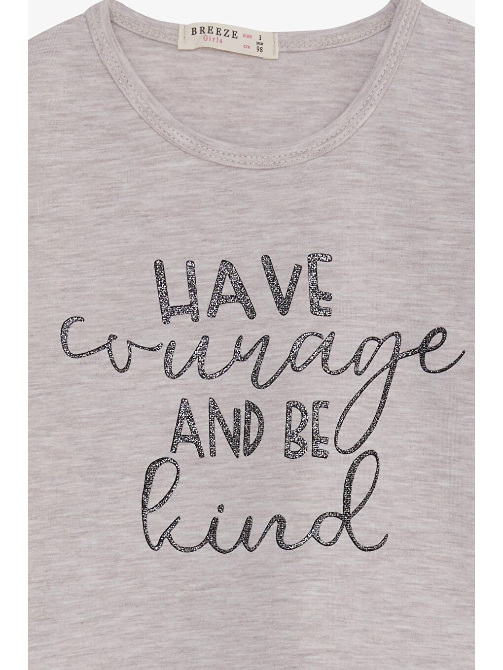 Kız Çocuk Uzun Kollu Tişört Simli Yazı Baskılı Bej Melanj (3-7 Yaş)-2