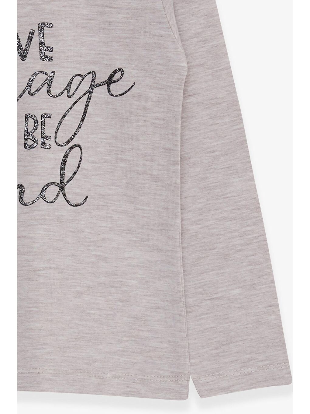 Kız Çocuk Uzun Kollu Tişört Simli Yazı Baskılı Bej Melanj (3-7 Yaş)-3