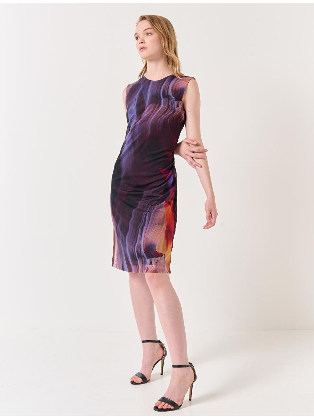 Koyu Mor Bisiklet Yaka Desenli Midi Elbise-2