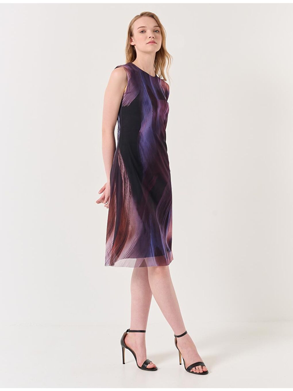 Koyu Mor Bisiklet Yaka Desenli Midi Elbise-3