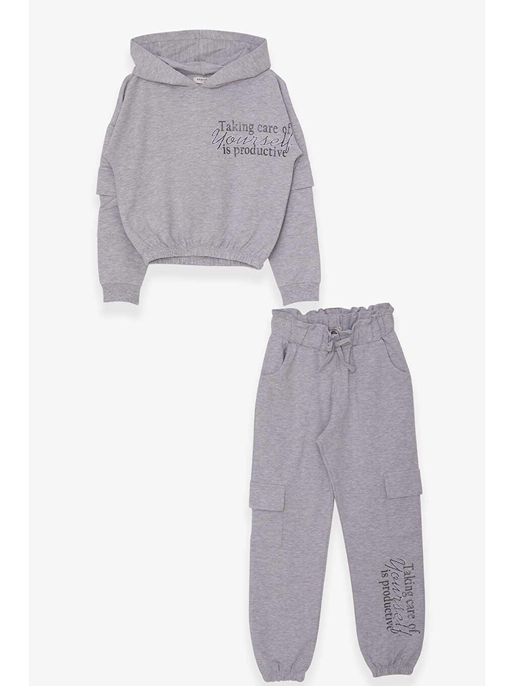 Kız Çocuk Eşofman Takımı Yazı Baskılı Kargo Cepli Açık Gri Melanj (9 Yaş)