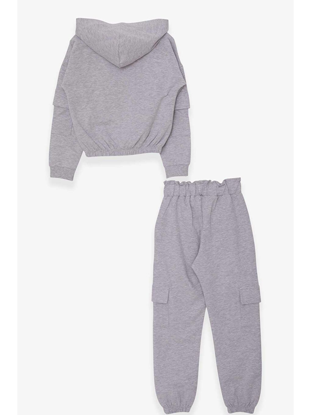 Kız Çocuk Eşofman Takımı Yazı Baskılı Kargo Cepli Açık Gri Melanj (9 Yaş)-1
