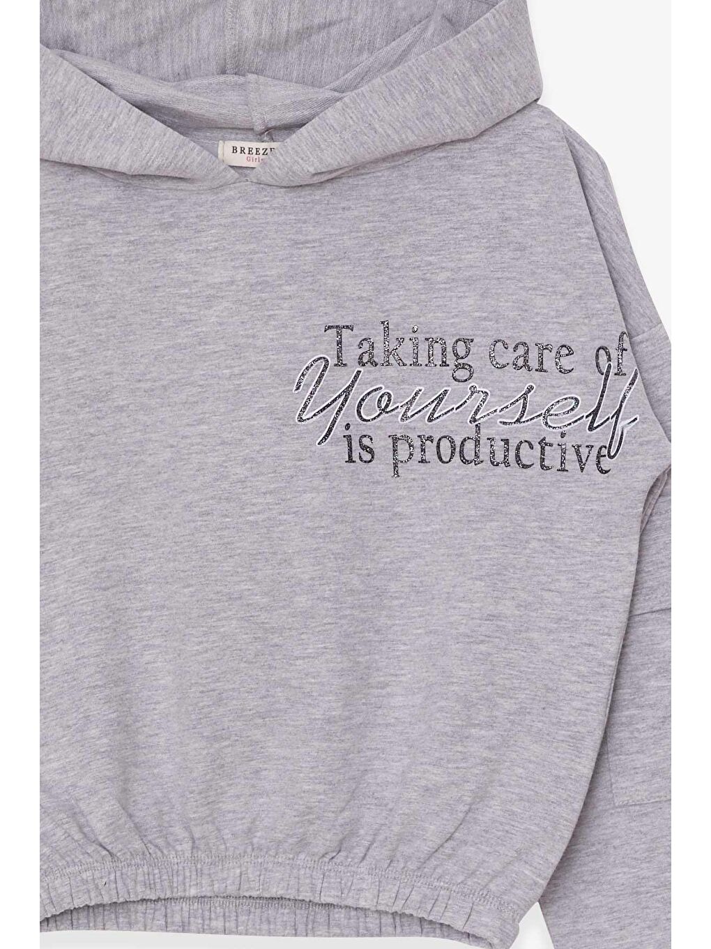 Kız Çocuk Eşofman Takımı Yazı Baskılı Kargo Cepli Açık Gri Melanj (9 Yaş)-2