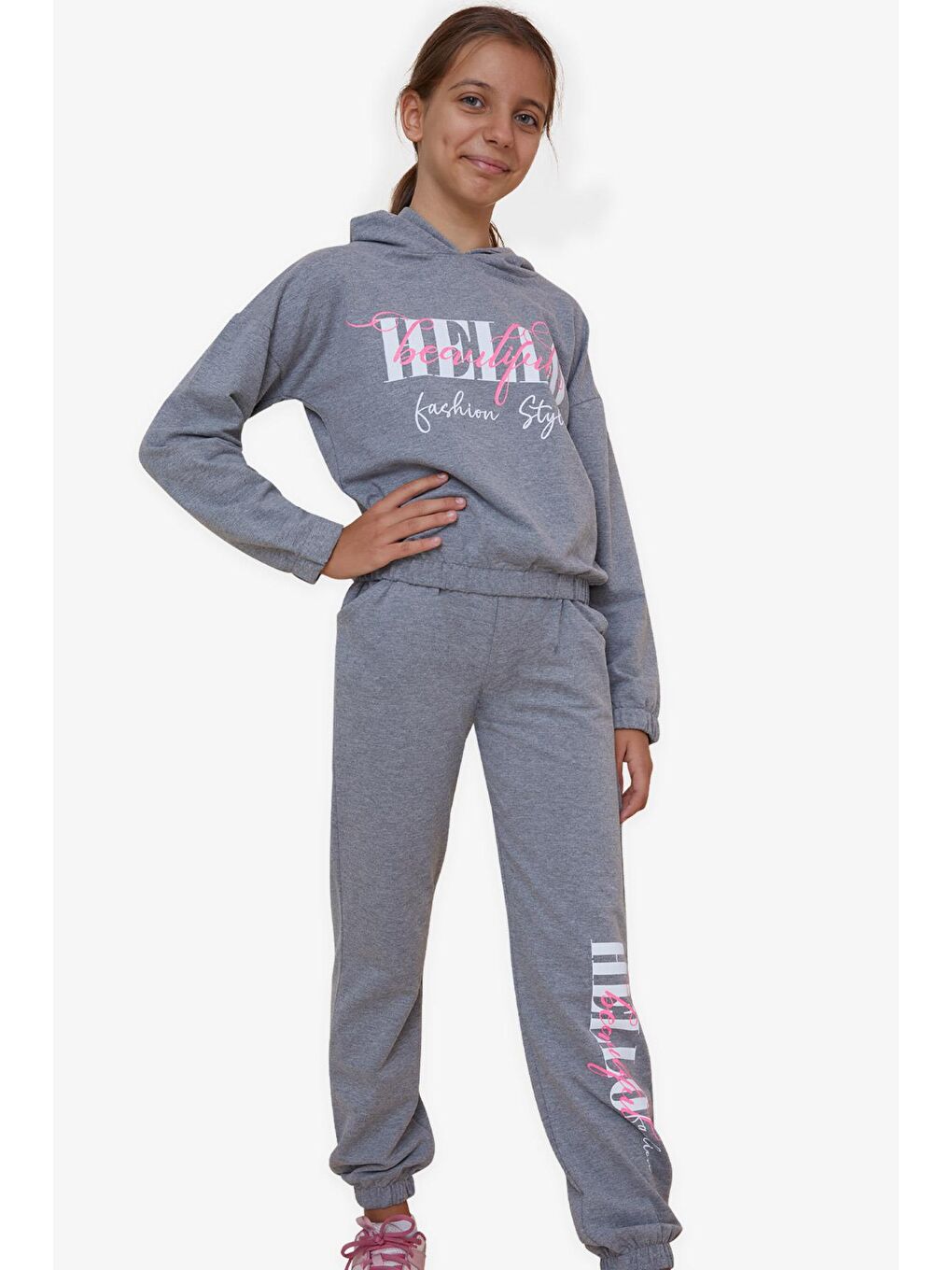 Kiz Çocuk Esofman Takimi Simli Yazi Baskili Koyu Gri Melanj (8-14 Yaş)