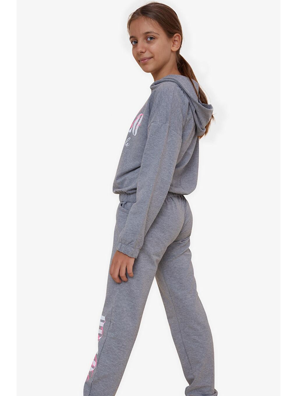 Kiz Çocuk Esofman Takimi Simli Yazi Baskili Koyu Gri Melanj (8-14 Yaş)-1