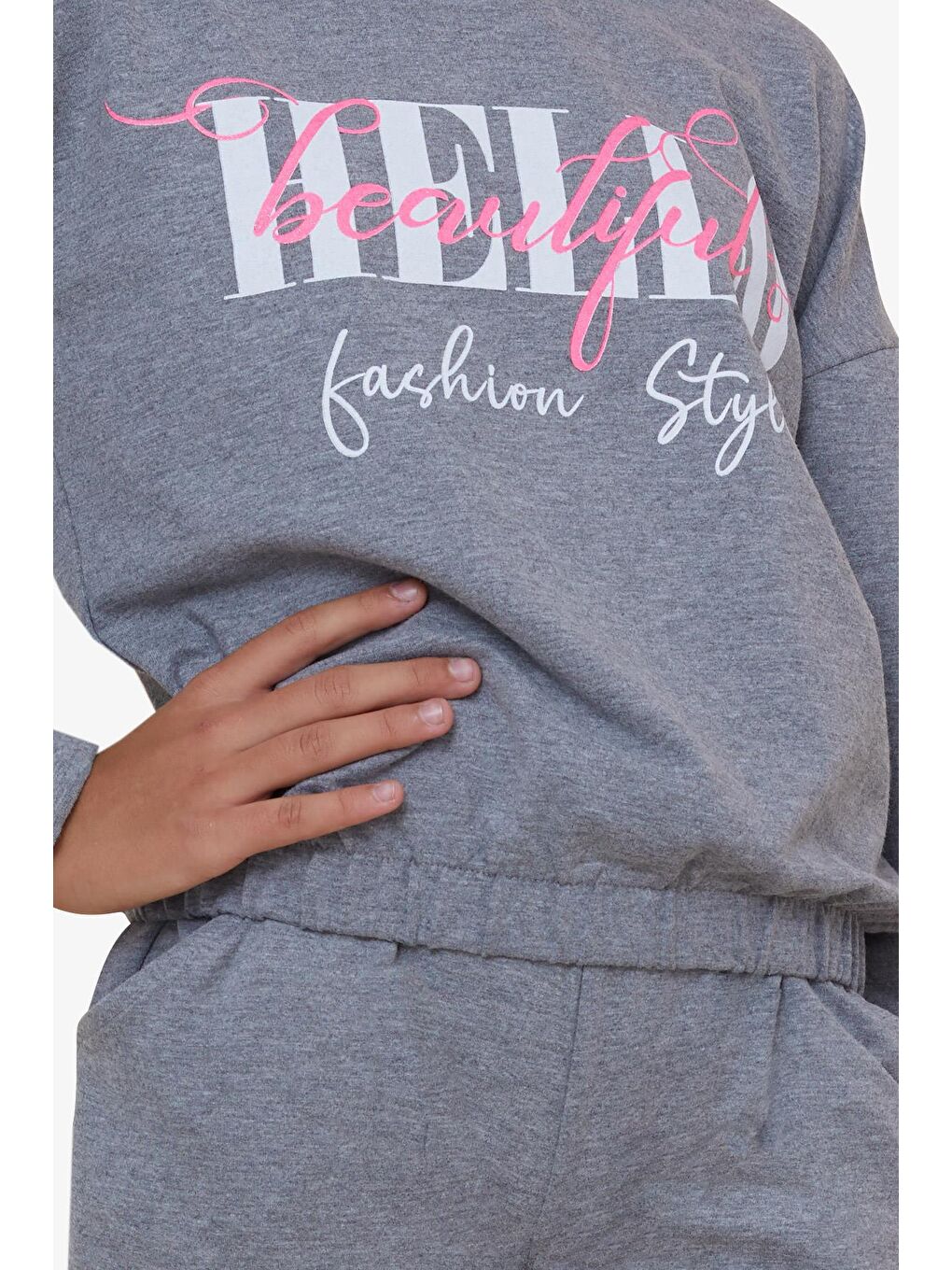 Kiz Çocuk Esofman Takimi Simli Yazi Baskili Koyu Gri Melanj (8-14 Yaş)-2