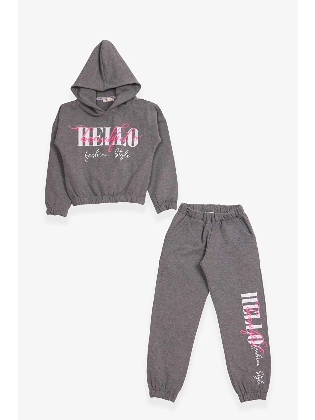 Kiz Çocuk Esofman Takimi Simli Yazi Baskili Koyu Gri Melanj (8-14 Yaş)-3