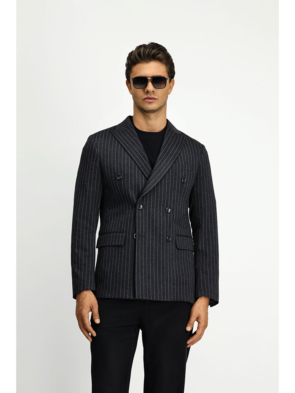 Antrasit 6 Drop Regular Fit Standart Kesim Çizgili Örme Kruvaze Ceket