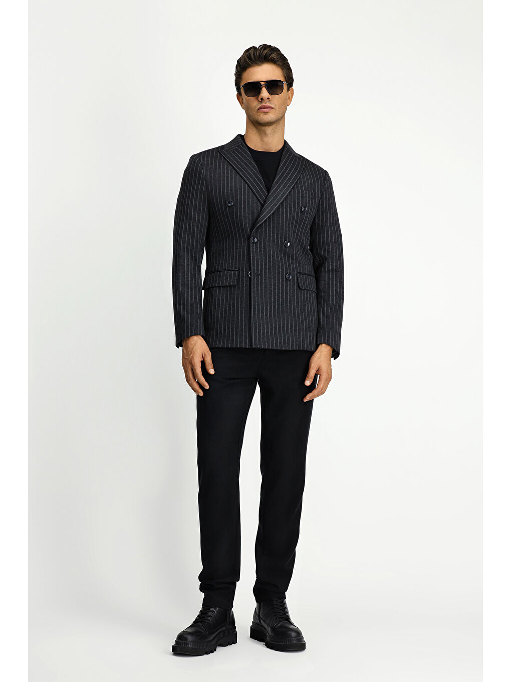 Antrasit 6 Drop Regular Fit Standart Kesim Çizgili Örme Kruvaze Ceket-1
