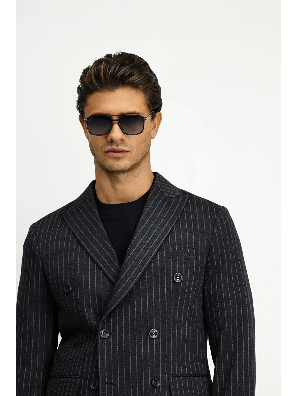 Antrasit 6 Drop Regular Fit Standart Kesim Çizgili Örme Kruvaze Ceket-2