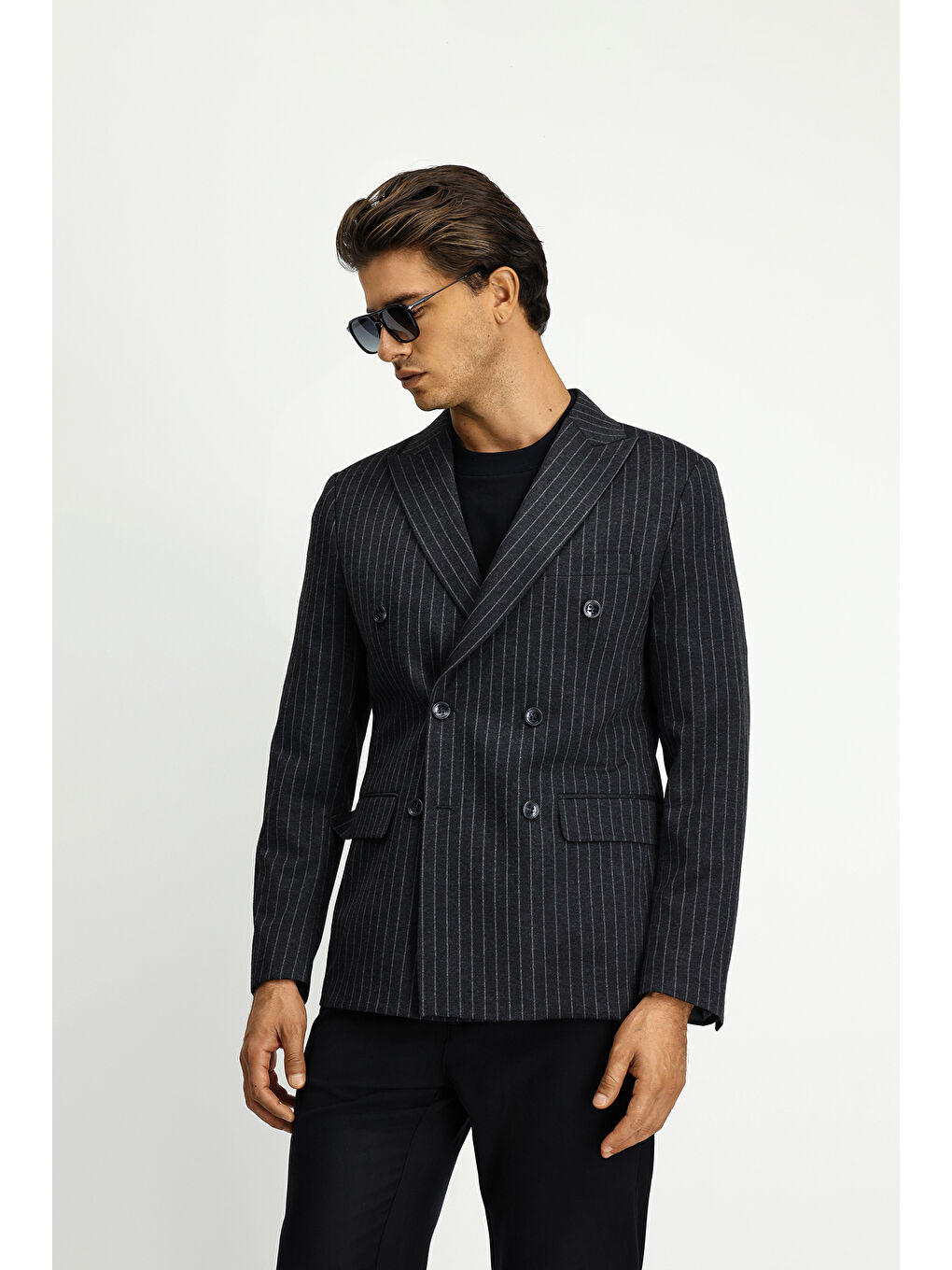 Antrasit 6 Drop Regular Fit Standart Kesim Çizgili Örme Kruvaze Ceket-3