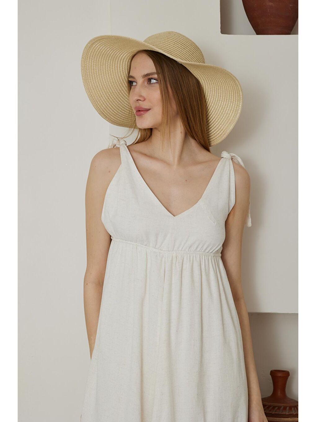 Kadın Bej Geniş Hasır Şapka - Bronte-3